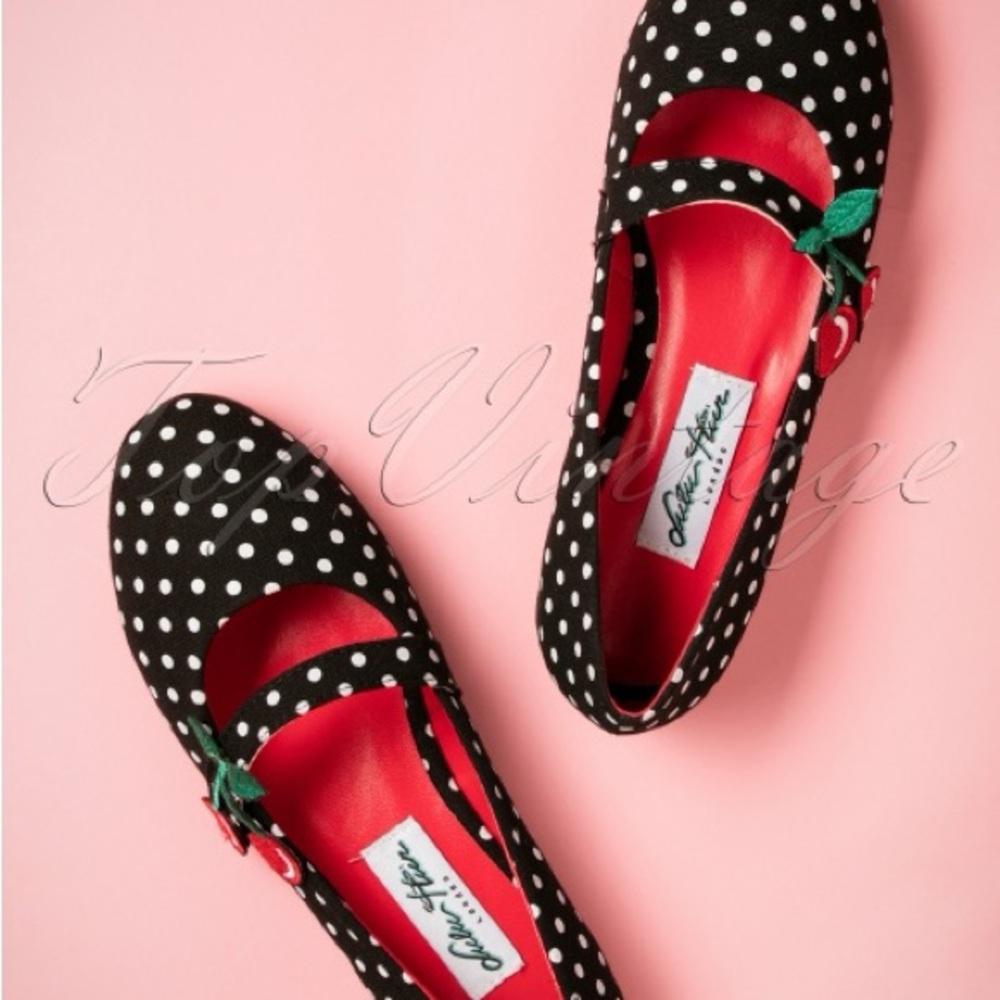 LULU HUN 50s Sally Cherry Polka Flats in Black - Picture 10 of 16